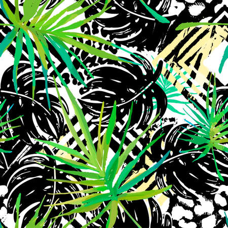 Exotic seamless tropical pattern.Textile ink brush strokes design in doodle grunge texture style.Unique scrapes, watercolor blotted background for a logo, cards, invitations, posters, banners.のイラスト素材