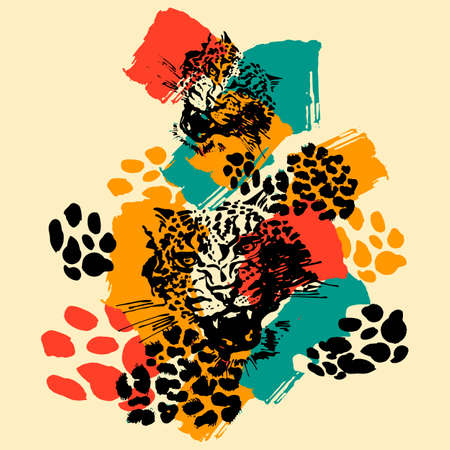 Leopard exotic wild cat  pattern. Textile ink brush strokes design in doodle grunge texture style.Unique scrapes, watercolor blotted background for a logo, cards, invitations, posters, banners.のイラスト素材