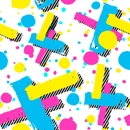 Memphis style hand drawn textured seamless pattern.Retro flavour trendy geometric elements painted with colorful ink brush strokes.のイラスト素材