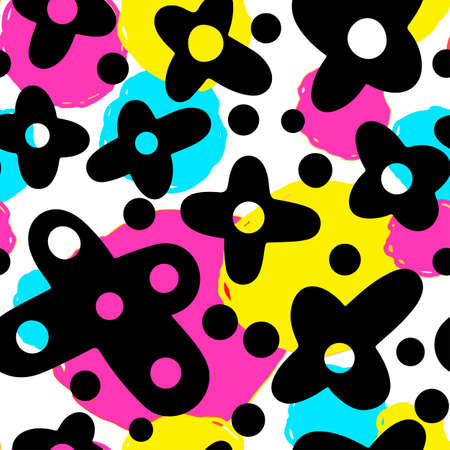 Memphis style hand drawn textured seamless pattern.Retro flavour trendy geometric elements painted with colorful ink brush strokes.のイラスト素材