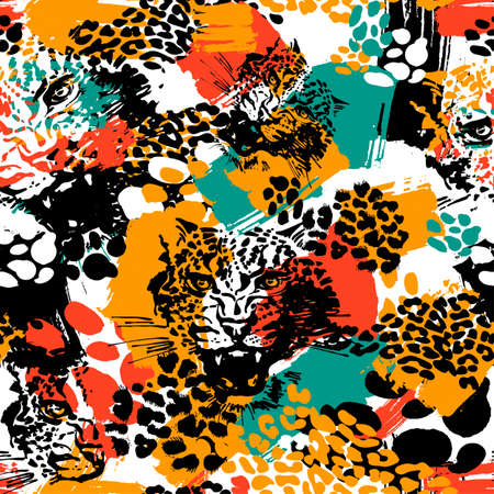Leopard exotic cat seamless pattern. Textile ink brush strokes design in doodle grunge texture style.Unique scrapes, watercolor blotted background for a logo, cards, invitations, posters, banners.のイラスト素材