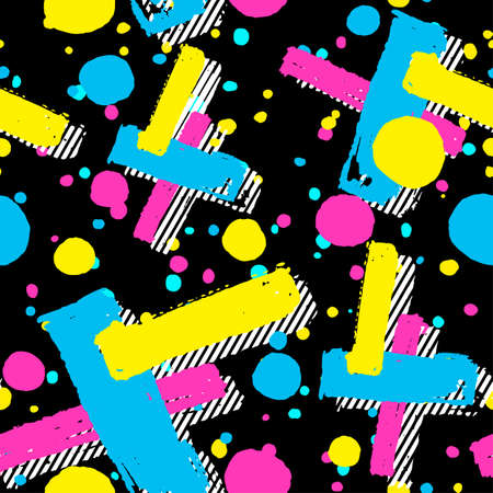 Memphis style hand drawn textured seamless pattern.Retro flavour trendy geometric elements painted with colorful ink brush strokes.のイラスト素材