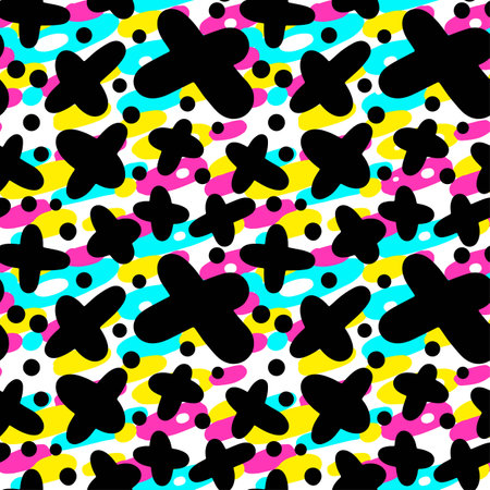 Memphis style hand drawn textured seamless pattern.Retro flavour trendy geometric elements painted with colorful ink brush strokes.のイラスト素材