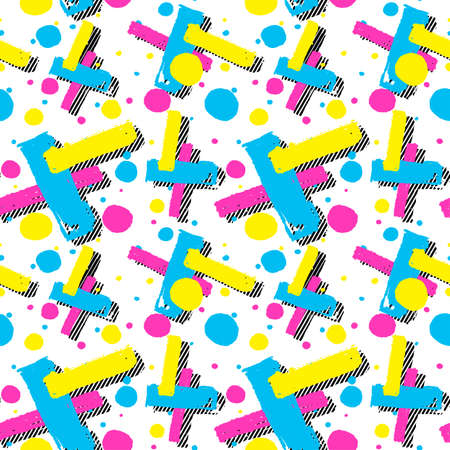 Memphis style hand drawn textured seamless pattern.Retro flavour trendy geometric elements painted with colorful ink brush strokes.のイラスト素材