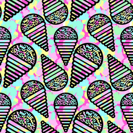 Ice cream geometrical  seamless pattern. Memphis style  trendy 80s-90s style cartoon hand drawn motifs .Perfect funky vector background with Pop art flovor for textile,wrapping, decoration.のイラスト素材