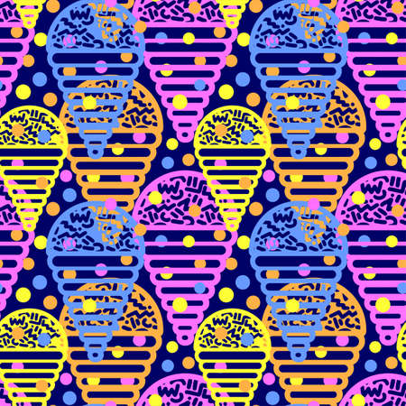 Ice cream geometrical  seamless pattern. Memphis style  trendy 80s-90s style cartoon hand drawn motifs .Perfect funky vector background with Pop art flovor for textile,wrapping, decoration.のイラスト素材