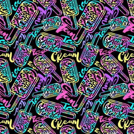 Ice cream geometrical  seamless pattern. Memphis style  trendy 80s-90s style cartoon hand drawn motifs .Perfect funky vector background with Pop art flovor for textile,wrapping, decoration.のイラスト素材