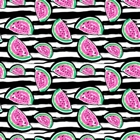 Watermelon seamless pattern.Hand painted expressive tropical flovoured motifs for textile,wrapping,...