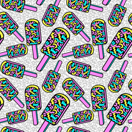 Ice cream geometrical  seamless pattern. Memphis style  trendy 80s-90s style cartoon hand drawn motifs .Perfect funky vector background with Pop art flovor for textile,wrapping, decoration.のイラスト素材