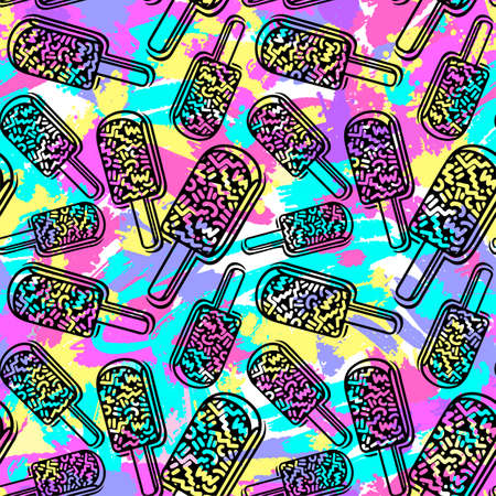 Ice cream geometrical  seamless pattern. Memphis style  trendy 80s-90s style cartoon hand drawn motifs .Perfect funky vector background with Pop art flovor for textile,wrapping, decoration.のイラスト素材