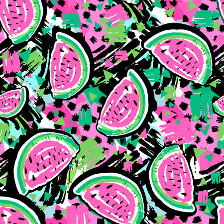 Watermelon seamless pattern.Hand painted expressive tropical flovoured motifs for textile,wrapping, decoration.のイラスト素材
