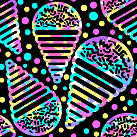 Ice cream geometrical  seamless pattern. Memphis style  trendy 80s-90s style cartoon hand drawn motifs .Perfect funky vector background with Pop art flovor for textile,wrapping, decoration.のイラスト素材