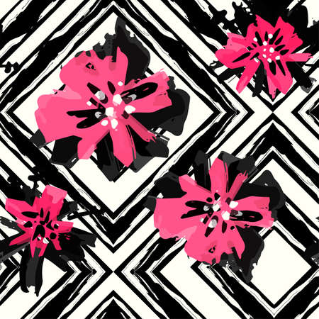 Floral hand painted expressive pink ink watercolor trendy seamless pattern.Artistic design with authentic,unique scrapes, watercolour blotted background for a logo, cards, invitations, posters,bannersのイラスト素材