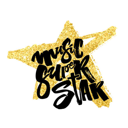 Music super star.Hand drawn lettering phrase on star texture background.T-shirt  print designのイラスト素材