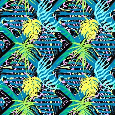 Exotic leaves summer funky seamless pattern.80s 90s pop art memphis style.Hand drawn ink artistic trendy sport fashion background. Expressive ornament for textile,wrapping, decorationのイラスト素材