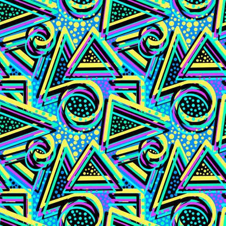 Abstract geometric triangles seamless background.Memphis style neon colors.のイラスト素材
