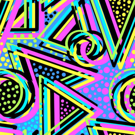 Abstract geometric triangles seamless background.Memphis style neon colors.のイラスト素材