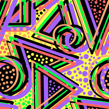Abstract geometric triangles seamless background.Memphis style neon colors.のイラスト素材