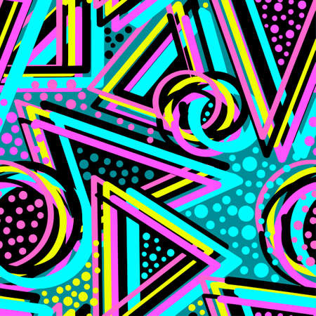 Abstract geometric triangles seamless background.Memphis style neon colors.のイラスト素材