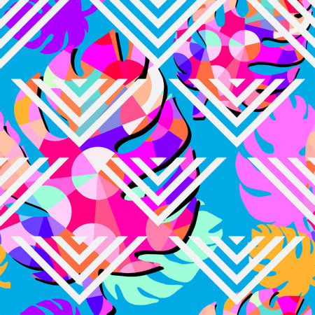 Exotic seamless tropical pattern. Bright geometrical background.Hand drawn trendy repeating blotted...