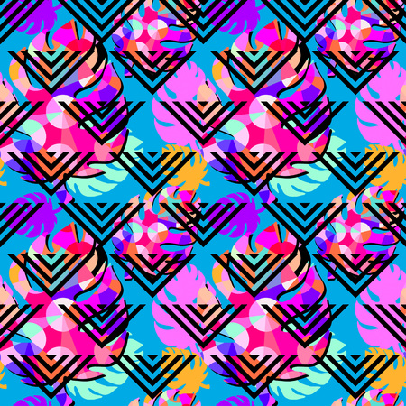 Exotic seamless tropical pattern. Bright geometrical background.Hand drawn trendy repeating blotted background texture.のイラスト素材