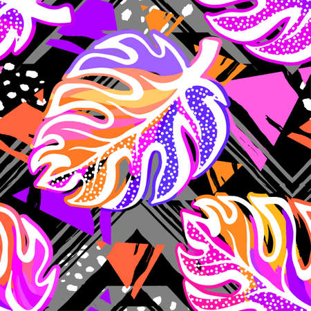 Tropical seamless exotic  leaves vector pattern.Trendy multicolor hand-drawn print, apparel fashion textile style.のイラスト素材