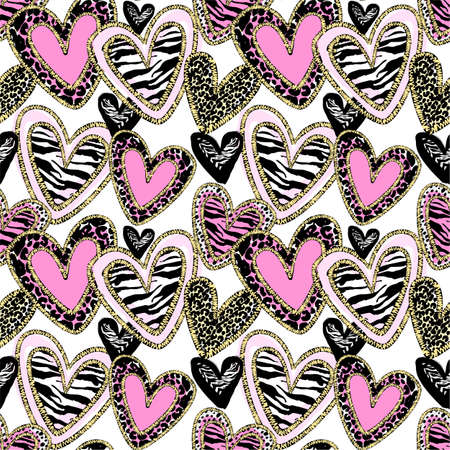 Glamour heart seamless trendy background.Brush leopard strokes and zebra scribbles in heart shapesのイラスト素材