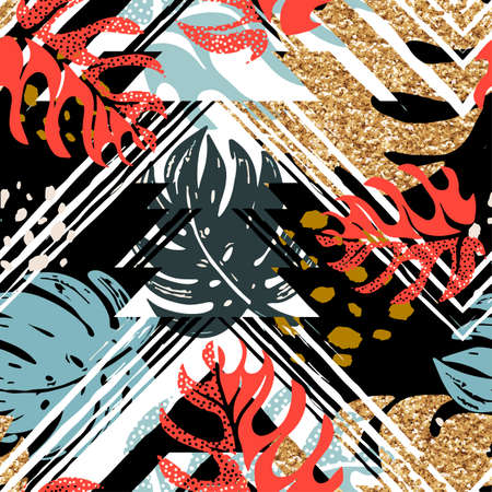 Tropical seamless exotic  leaves vector pattern.Trendy multicolor hand-drawn print, apparel fashion textile style.のイラスト素材