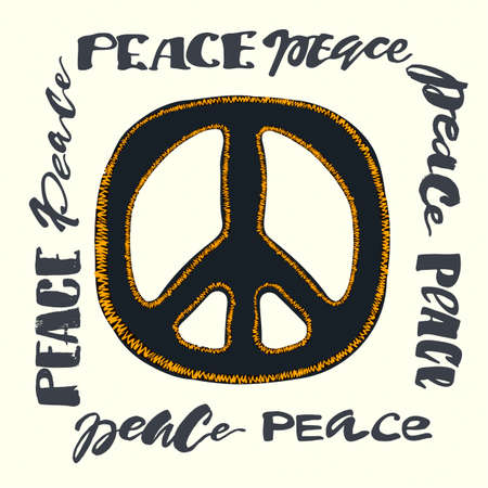 Peace sign. Bright embroidery and letteringing the style of hippies.のイラスト素材