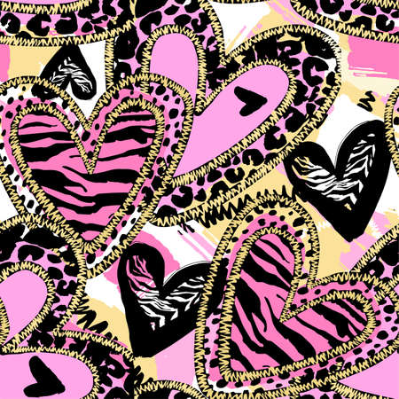 Glamour heart seamless trendy background.Brush leopard strokes and zebra scribbles in heart shapesのイラスト素材