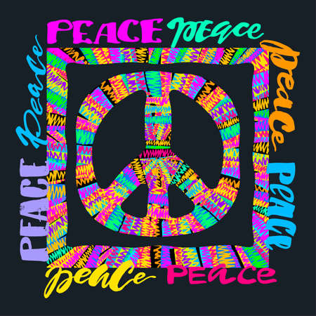 Peace sign. Bright embroidery and letteringing the style of hippies.のイラスト素材