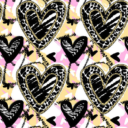 Glamour heart seamless trendy background.Brush leopard strokes and zebra scribbles in heart shapesのイラスト素材
