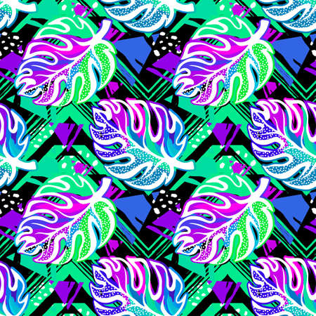 Tropical seamless exotic  leaves vector pattern.Trendy multicolor hand-drawn print, apparel fashion textile style.のイラスト素材