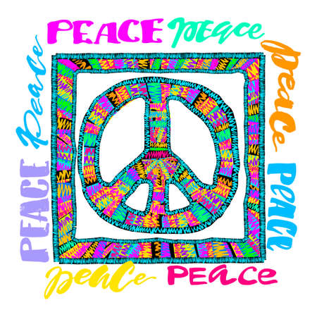 Peace sign. Bright embroidery and letteringing the style of hippies.のイラスト素材