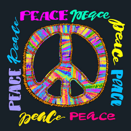 Peace sign. Bright embroidery and letteringing the style of hippies.のイラスト素材
