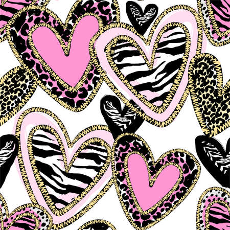 Glamour heart seamless trendy background.Brush leopard strokes and zebra scribbles in heart shapesのイラスト素材