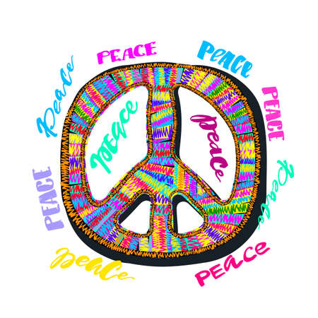 Peace sign. Bright embroidery and letteringing the style of hippies.のイラスト素材