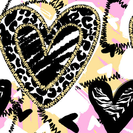Glamour heart seamless trendy background.Brush leopard strokes and zebra scribbles in heart shapesのイラスト素材