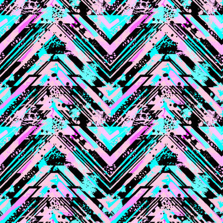 Abstract seamless geometric pattern with acrylic blots and scratches.Textile ink brush strokes design in doodle grunge texture style.のイラスト素材