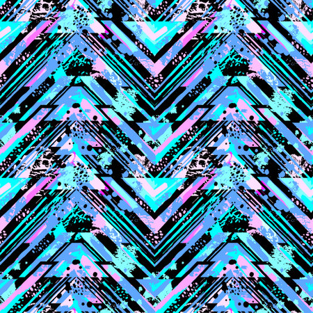 Abstract seamless geometric pattern with acrylic blots and scratches.Textile ink brush strokes...