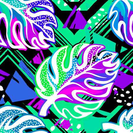 Tropical seamless exotic  leaves vector pattern.Trendy multicolor hand-drawn print, apparel fashion textile style.のイラスト素材