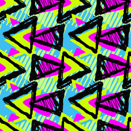 Abstract urban seamless funky geometric pattern with acrylic blots and scratches in doodle grunge texture styleのイラスト素材