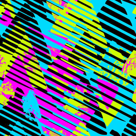 Urban seamless funky geometric pattern with acrylic blots and scratches.Textile ink brush strokes design in doodle grunge texture styleのイラスト素材