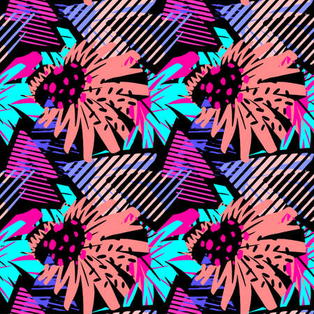 Tropical flowers seamless pattern.Textile ink brush strokes design in doodle grunge texture style.Unique scrapes, watercolor blotted background, cards, invitations, posters, banners.のイラスト素材