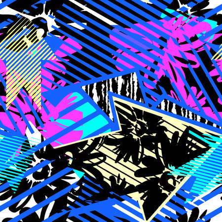 Abstract seamless geometric pattern with flowers, arrows,triangles and strips. Grunge urban dynamic expressive bright painting.Print for textile,apparel, wrapping paper.のイラスト素材