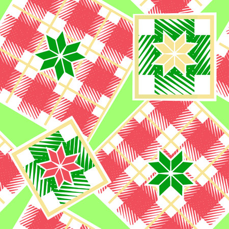 Checkered christmas seamless  pattern.Classical  red and green with gold colors print.Textile design for fabrics, wrapping paper, backgrounds, banners, invitations, dimensional decorationsのイラスト素材