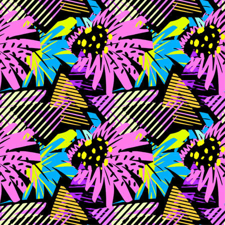 Tropical flowers seamless pattern.Textile ink brush strokes design in doodle grunge texture style.Unique scrapes, watercolor blotted background, cards, invitations, posters, banners.のイラスト素材