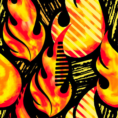 Fire flame seamless pattern.Textile ink brush strokes design in doodle grunge texture style.Unique scrapes, watercolor blotted background for a logo, cards, invitations, posters, banners.のイラスト素材