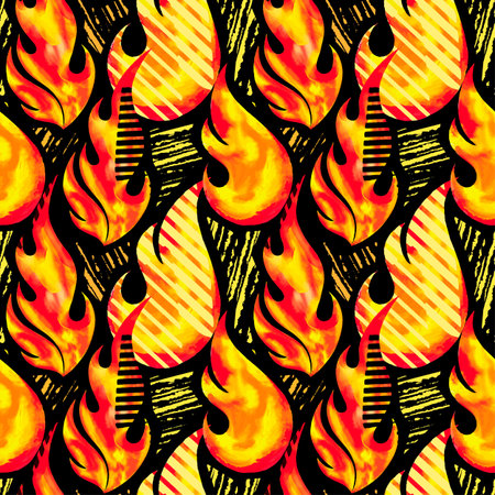 Fire flame seamless pattern.Textile ink brush strokes design in doodle grunge texture style.Unique scrapes, watercolor blotted background for a logo, cards, invitations, posters, banners.のイラスト素材