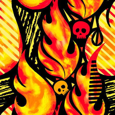 Fire flame seamless pattern.Textile ink brush strokes design in doodle grunge texture style.Unique scrapes, watercolor blotted background for a logo, cards, invitations, posters, banners.のイラスト素材